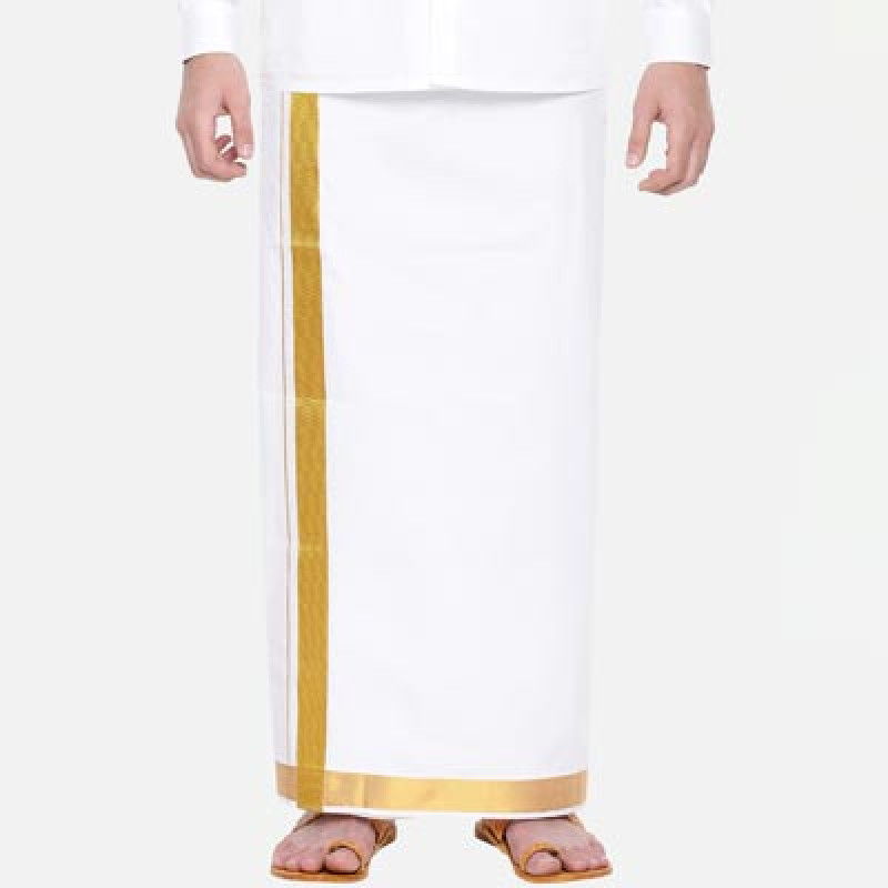Men White Pure Cotton Single layer Dhoti with Gold Zari Border