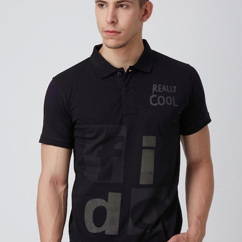 Men Black Printed Polo Collar Slim Fit T-shirt