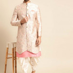 Men Cream-coloured & Pink Woven Design Sherwani Set