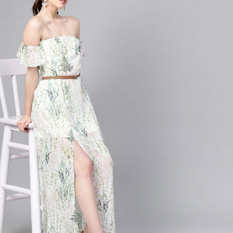 Off-White & Green Floral Printed Maxi Dress