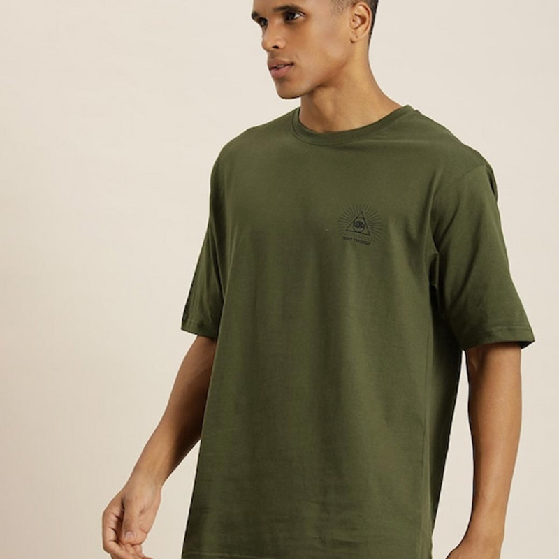 Men Olive Green Graphic Printed Pure Cotton Oversized T-Shirt