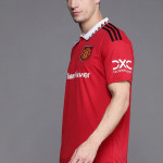 Men Red Typography Manchester United Striped V-Neck Applique T-shirt