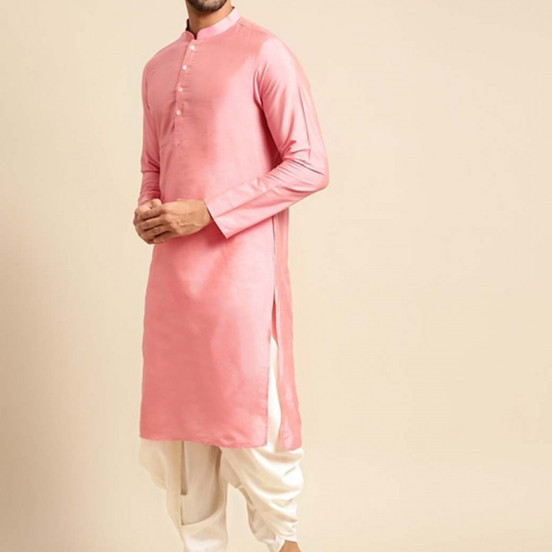 Men Cream-coloured & Pink Woven Design Sherwani Set