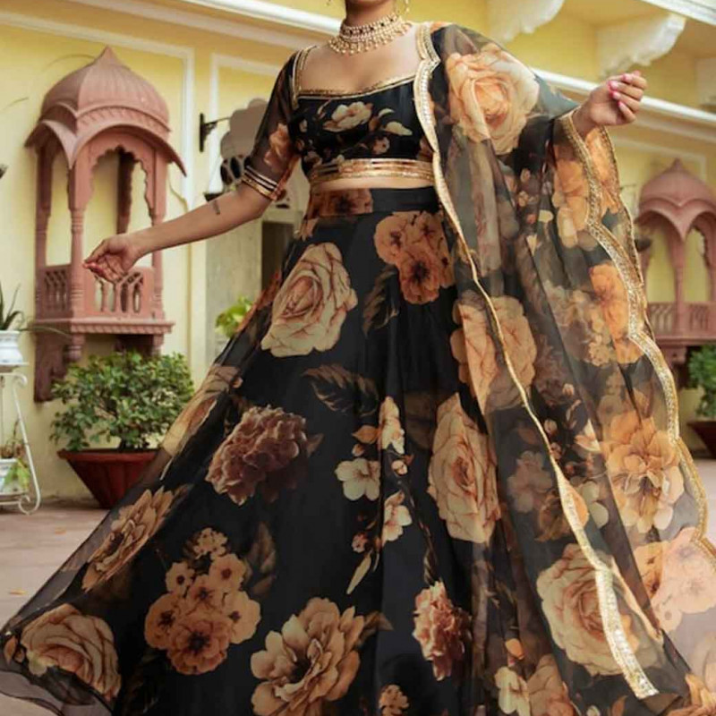 Green & Brown Printed Ready to Wear Lehenga & Blouse With Dupatta