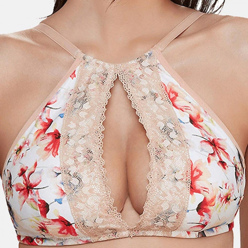 Peach-Coloured Printed Non-Wired Lightly Padded Sustainable Bralette Bra